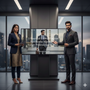 Professional Indian man in a charcoal suit carrying a premium leather briefcase.