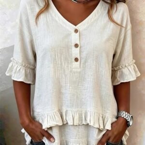 Women's Retro V-neck Ruffled Loose  Short Sleeves