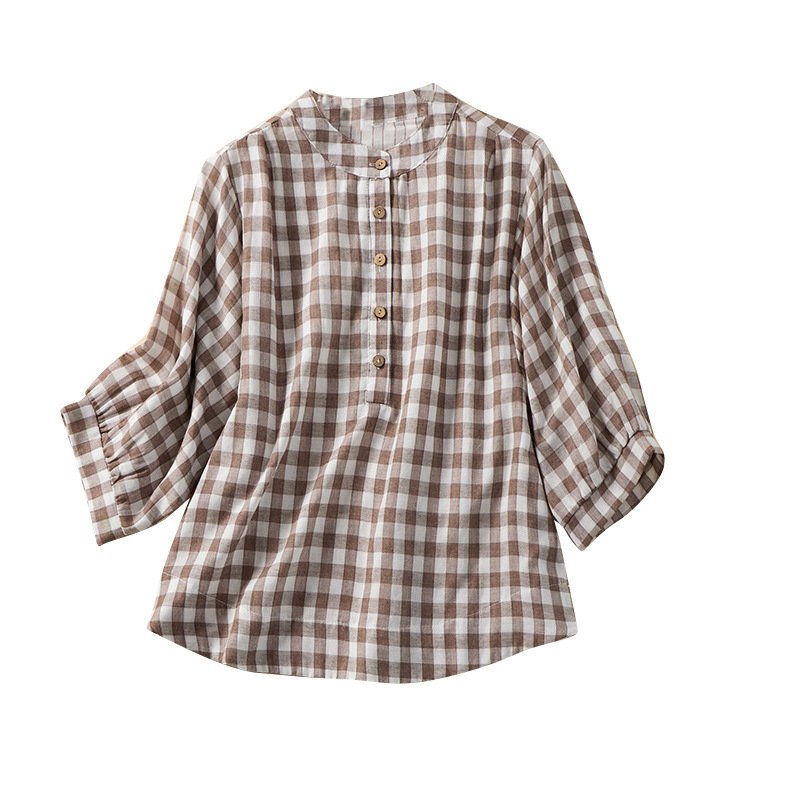 Summer Japanese-Korean Style New Thin Blue-and-white Small-check Shirt - Image 4