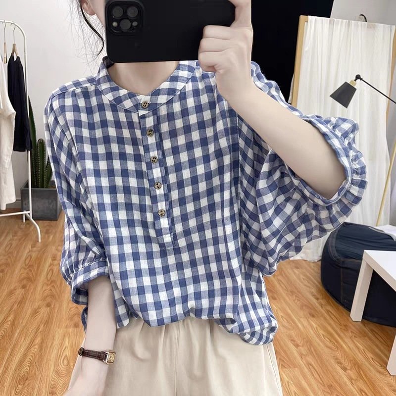 Summer Japanese-Korean Style New Thin Blue-and-white Small-check Shirt - Image 5