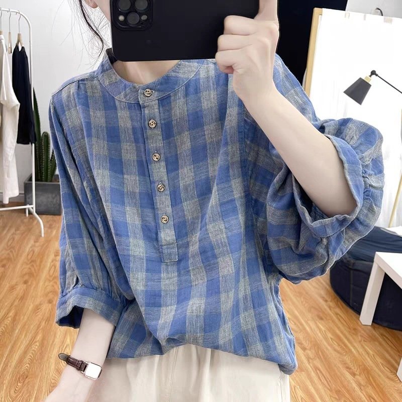 Summer Japanese-Korean Style New Thin Blue-and-white Small-check Shirt - Image 3