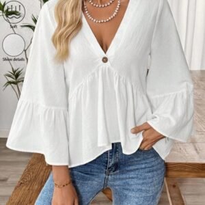 2026 New Arrival Women's Spring Summer Solid Color V-Neck Ruffle Sleeve Blouse, Loose Elegant Casual Tops