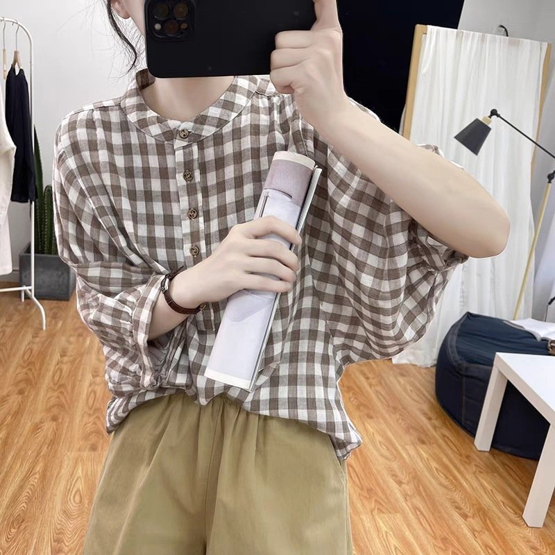 Summer Japanese-Korean Style New Thin Blue-and-white Small-check Shirt - Image 6
