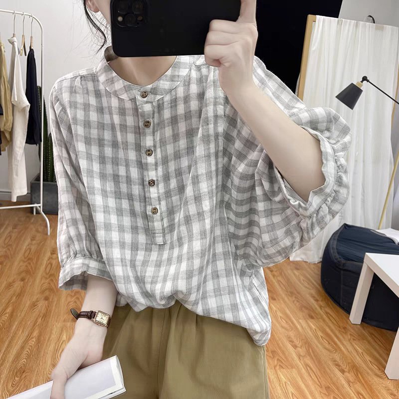 Summer Japanese-Korean Style New Thin Blue-and-white Small-check Shirt - Image 2