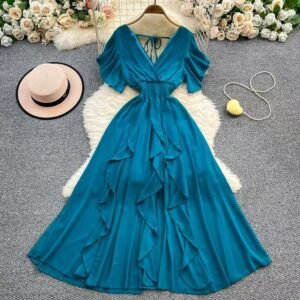 Summer Niche-design Cross V-neck Long Dress With Cap Sleeves