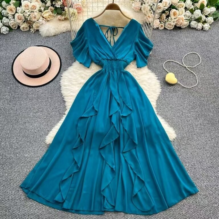 Summer Niche-design Cross V-neck Long Dress With Cap Sleeves